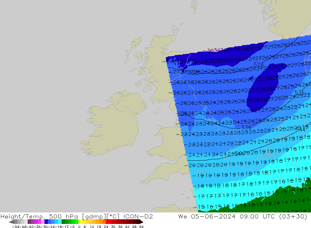 Height/Temp. 500 hPa ICON-D2 St 05.06.2024 09 UTC