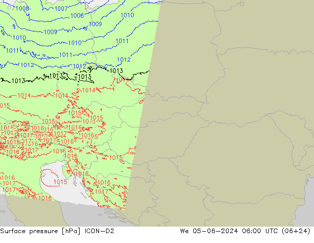 Surface pressure ICON-D2 We 05.06.2024 06 UTC