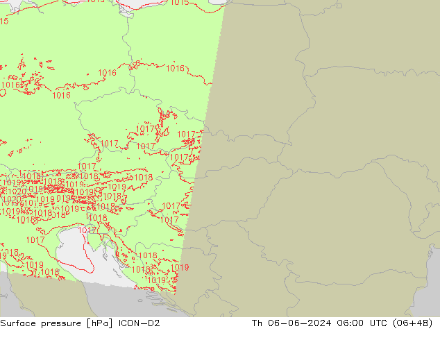 Surface pressure ICON-D2 Th 06.06.2024 06 UTC