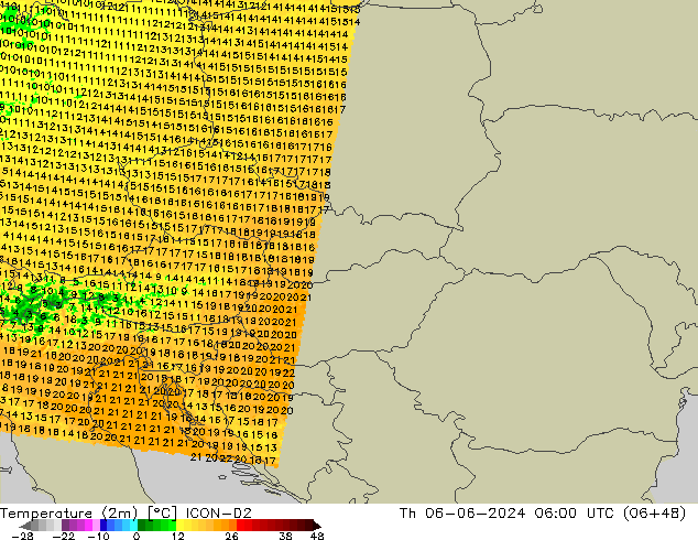 Temperatura (2m) ICON-D2 Qui 06.06.2024 06 UTC