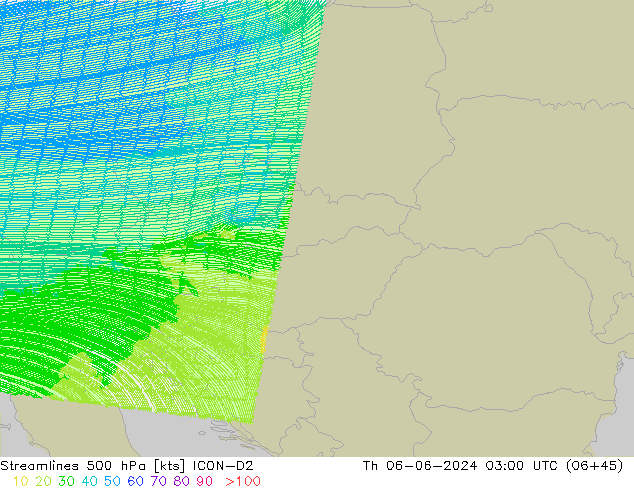 Linia prądu 500 hPa ICON-D2 czw. 06.06.2024 03 UTC