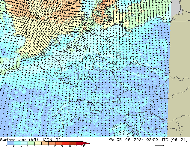 Bodenwind (bft) ICON-D2 Mi 05.06.2024 03 UTC