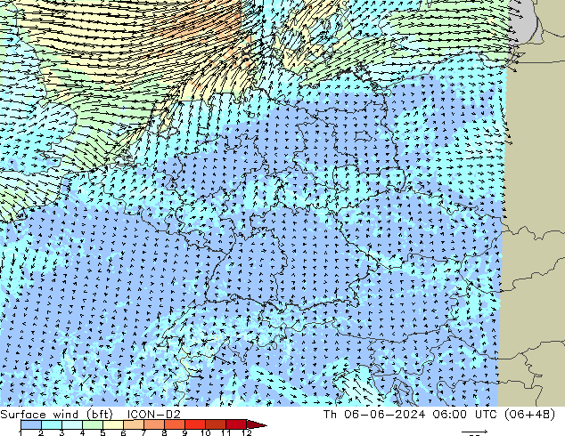 Surface wind (bft) ICON-D2 Th 06.06.2024 06 UTC