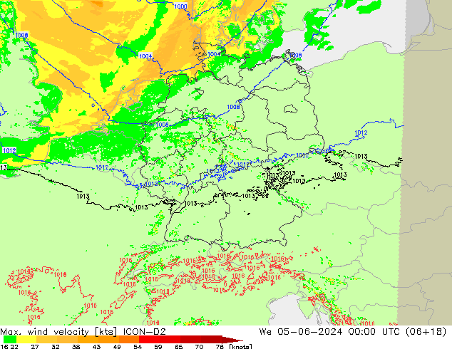 Max. wind velocity ICON-D2 St 05.06.2024 00 UTC