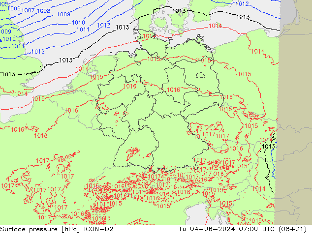 Surface pressure ICON-D2 Tu 04.06.2024 07 UTC