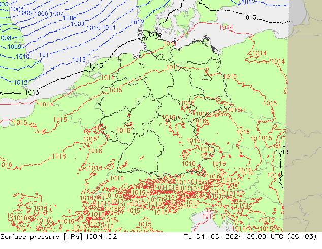 地面气压 ICON-D2 星期二 04.06.2024 09 UTC