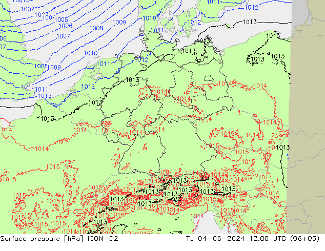 Atmosférický tlak ICON-D2 Út 04.06.2024 12 UTC