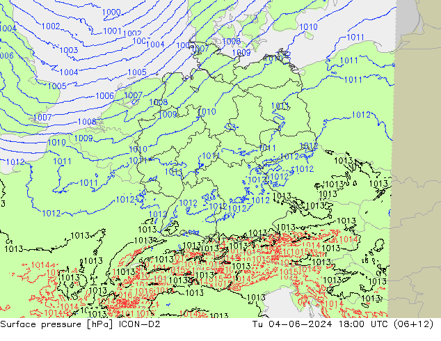 Surface pressure ICON-D2 Tu 04.06.2024 18 UTC