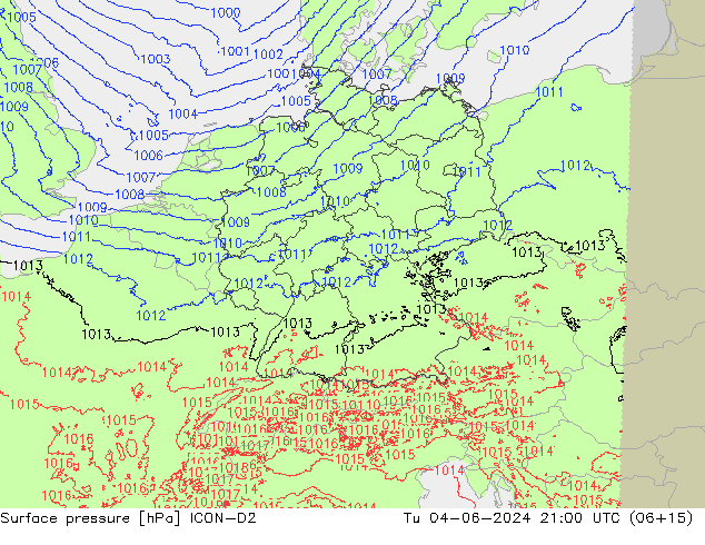 Pressione al suolo ICON-D2 mar 04.06.2024 21 UTC