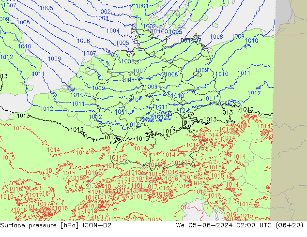 Presión superficial ICON-D2 mié 05.06.2024 02 UTC