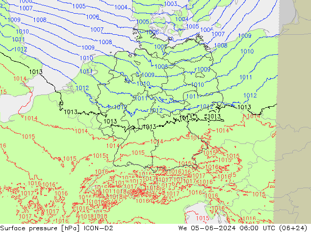 Surface pressure ICON-D2 We 05.06.2024 06 UTC