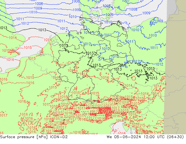 Atmosférický tlak ICON-D2 St 05.06.2024 12 UTC