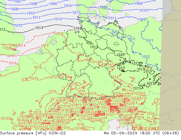 Presión superficial ICON-D2 mié 05.06.2024 18 UTC