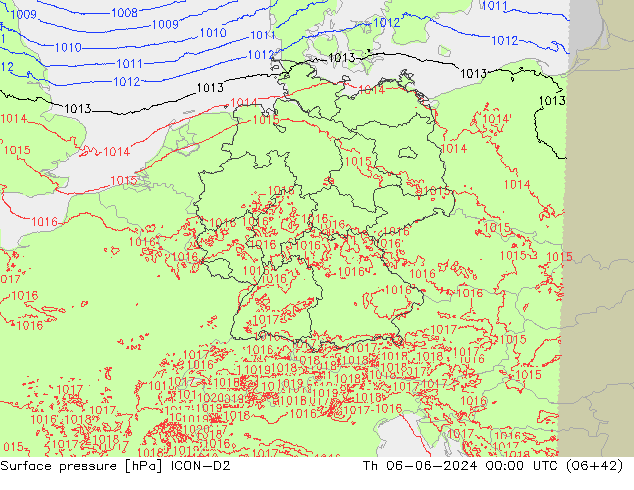 Surface pressure ICON-D2 Th 06.06.2024 00 UTC