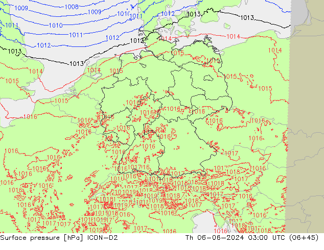 Presión superficial ICON-D2 jue 06.06.2024 03 UTC