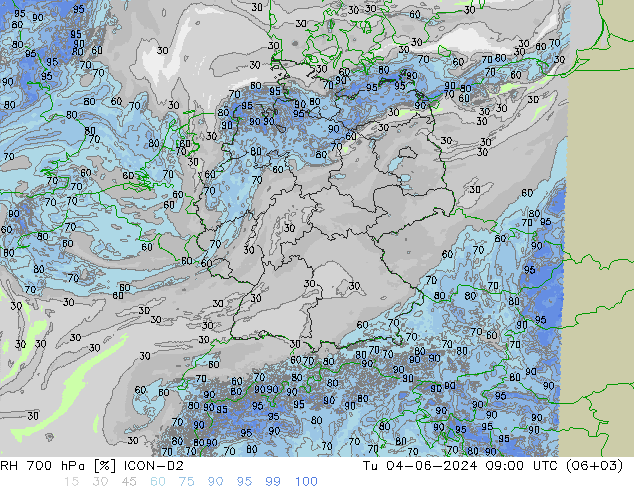 RH 700 hPa ICON-D2 Tu 04.06.2024 09 UTC