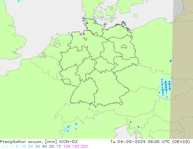 Precipitation accum. ICON-D2 wto. 04.06.2024 09 UTC