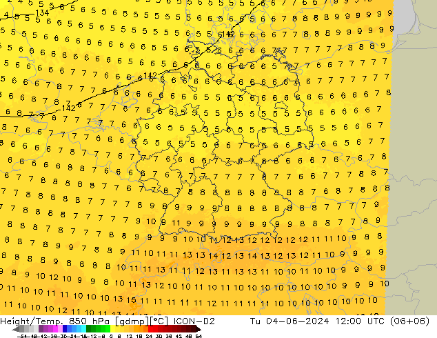 Height/Temp. 850 hPa ICON-D2 星期二 04.06.2024 12 UTC