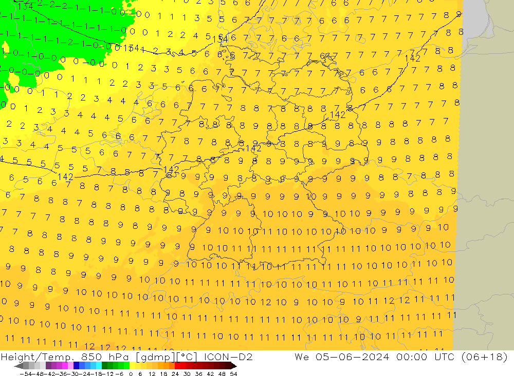 Height/Temp. 850 hPa ICON-D2 mer 05.06.2024 00 UTC