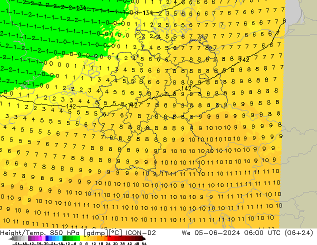 Height/Temp. 850 hPa ICON-D2 Mi 05.06.2024 06 UTC