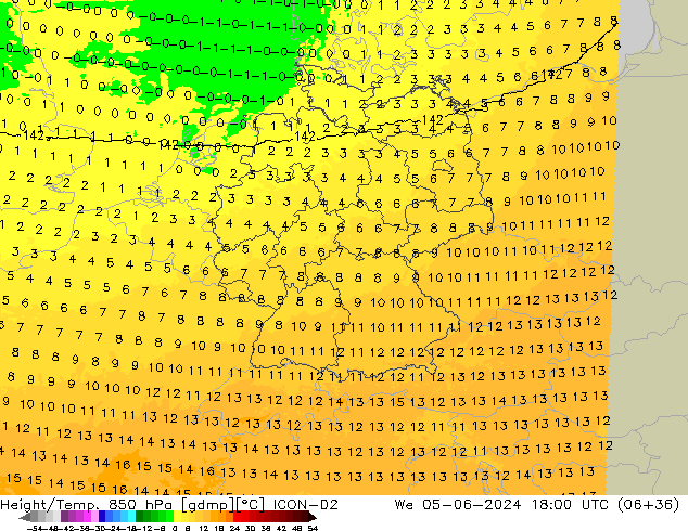 Géop./Temp. 850 hPa ICON-D2 mer 05.06.2024 18 UTC