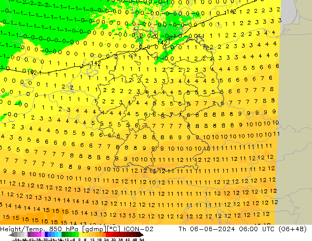 Height/Temp. 850 hPa ICON-D2 gio 06.06.2024 06 UTC