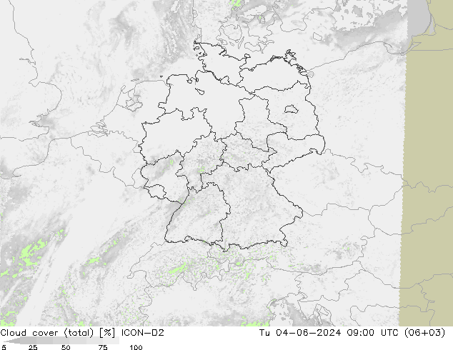 zachmurzenie (suma) ICON-D2 wto. 04.06.2024 09 UTC