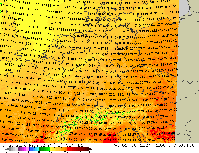 Темпер. макс 2т ICON-D2 ср 05.06.2024 12 UTC