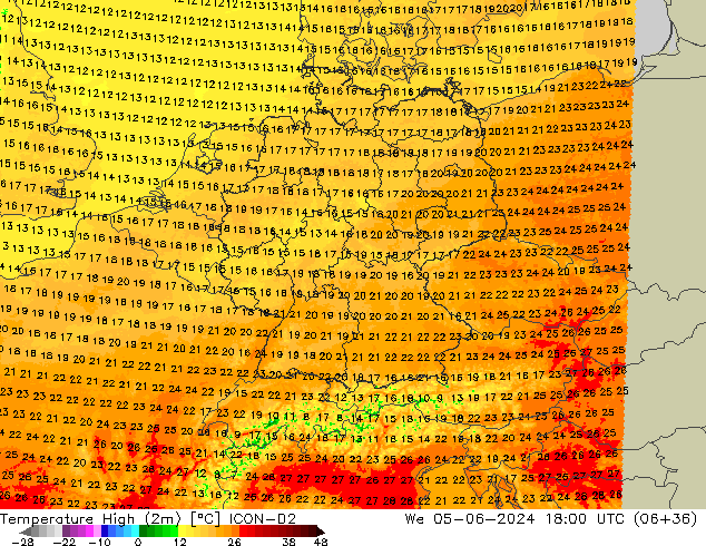 Temperatura máx. (2m) ICON-D2 mié 05.06.2024 18 UTC