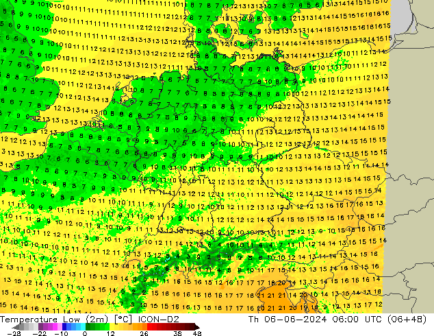 Temperature Low (2m) ICON-D2 Th 06.06.2024 06 UTC