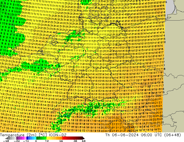 Temperature (2m) ICON-D2 Čt 06.06.2024 06 UTC