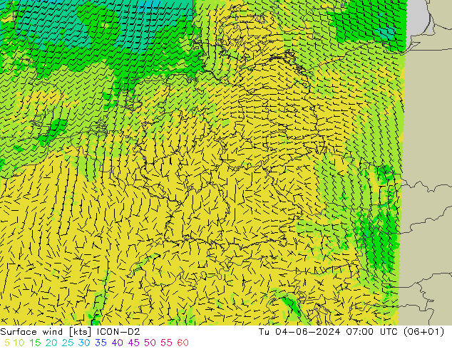 Viento 10 m ICON-D2 mar 04.06.2024 07 UTC