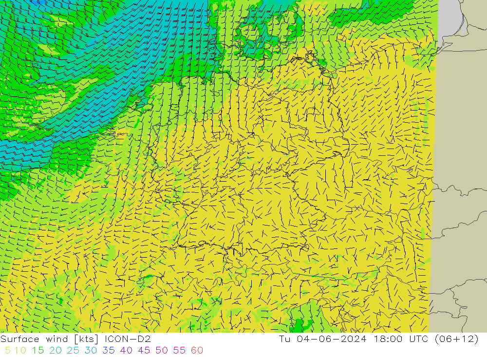 风 10 米 ICON-D2 星期二 04.06.2024 18 UTC