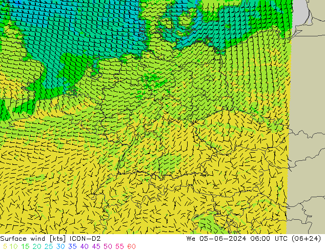 Vento 10 m ICON-D2 Qua 05.06.2024 06 UTC