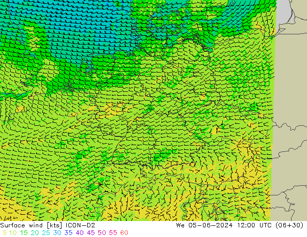 Viento 10 m ICON-D2 mié 05.06.2024 12 UTC