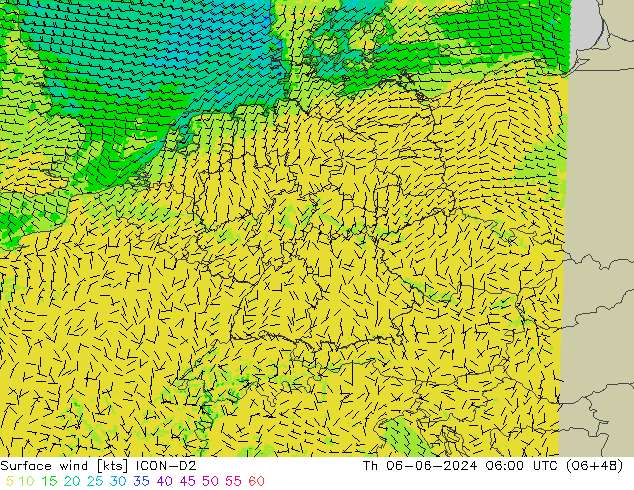 Surface wind ICON-D2 Th 06.06.2024 06 UTC