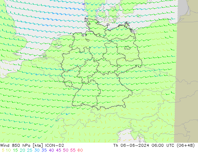 wiatr 850 hPa ICON-D2 czw. 06.06.2024 06 UTC