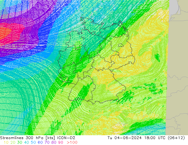 Stromlinien 300 hPa ICON-D2 Di 04.06.2024 18 UTC