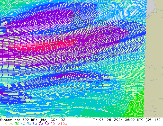 Linia prądu 300 hPa ICON-D2 czw. 06.06.2024 06 UTC