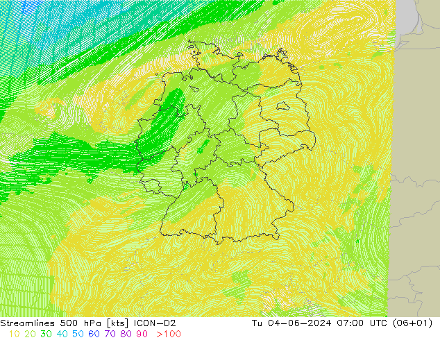 Ligne de courant 500 hPa ICON-D2 mar 04.06.2024 07 UTC