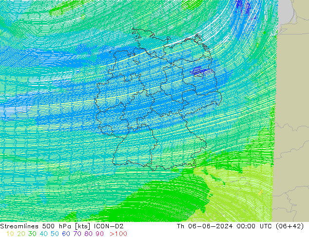 Linha de corrente 500 hPa ICON-D2 Qui 06.06.2024 00 UTC