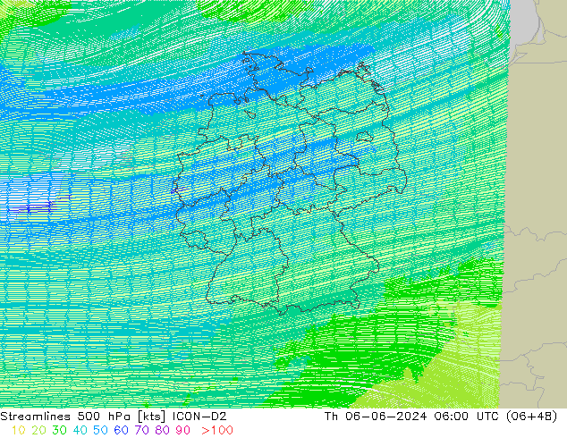 Linha de corrente 500 hPa ICON-D2 Qui 06.06.2024 06 UTC