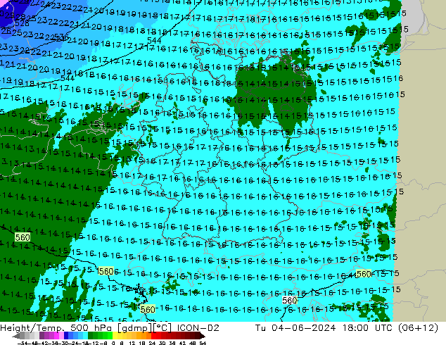 Height/Temp. 500 hPa ICON-D2 wto. 04.06.2024 18 UTC