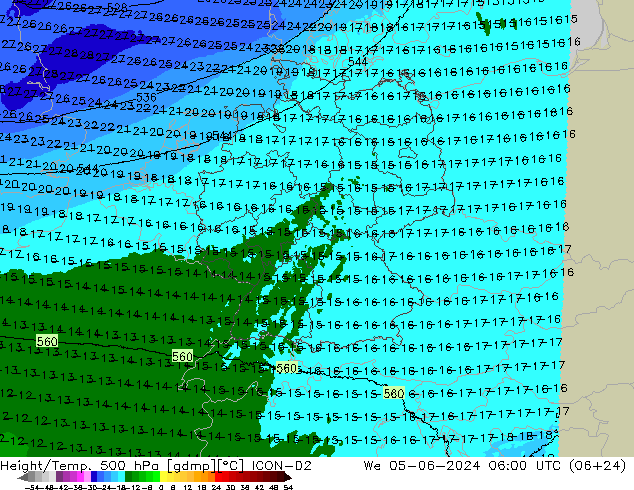 Height/Temp. 500 hPa ICON-D2 Mi 05.06.2024 06 UTC