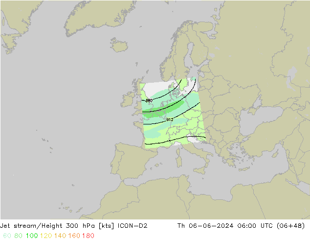 Corriente en chorro ICON-D2 jue 06.06.2024 06 UTC