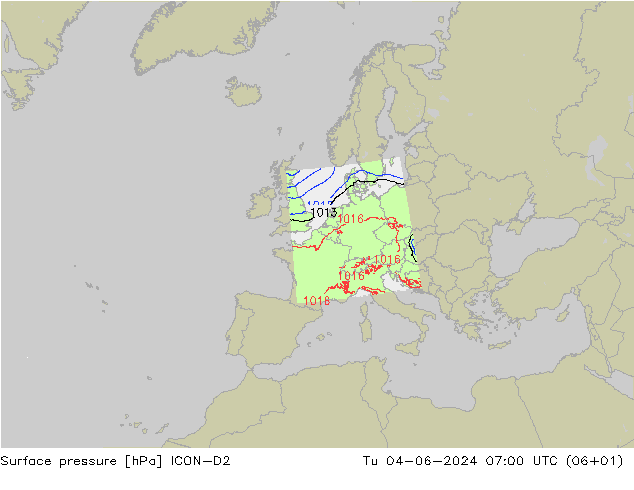 Pressione al suolo ICON-D2 mar 04.06.2024 07 UTC