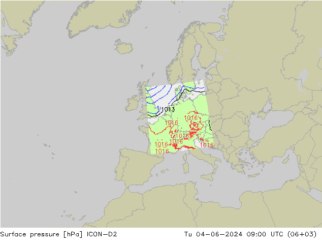 Presión superficial ICON-D2 mar 04.06.2024 09 UTC