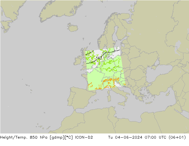 Height/Temp. 850 hPa ICON-D2 Di 04.06.2024 07 UTC