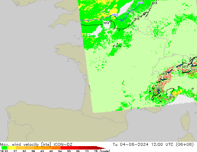 Max. wind velocity ICON-D2 Ter 04.06.2024 12 UTC