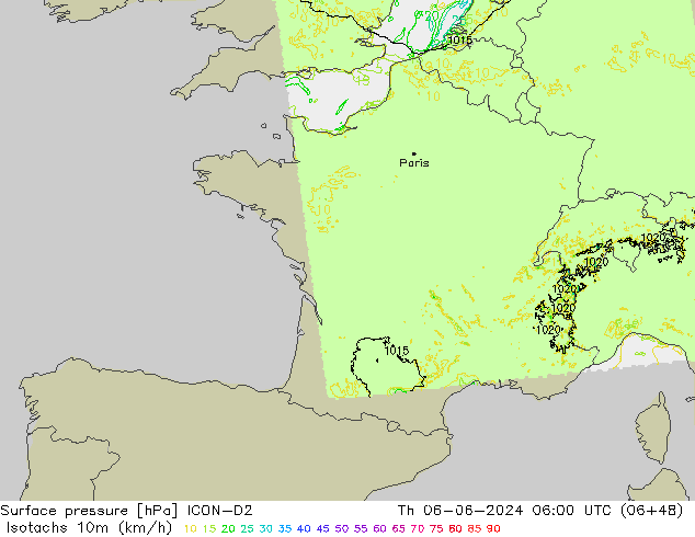 Isotachs (kph) ICON-D2 Th 06.06.2024 06 UTC